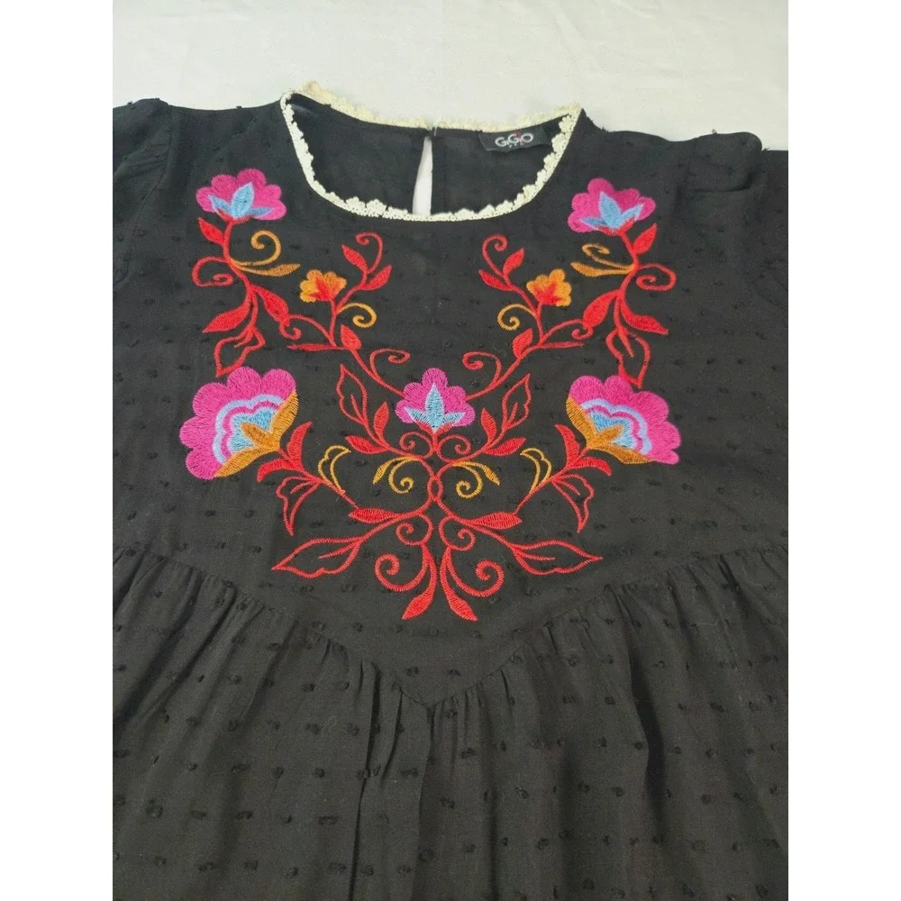 Black Floral Embroidered Babydoll Dress Bell Sz L Basque Waist Bell Sleeve Boho